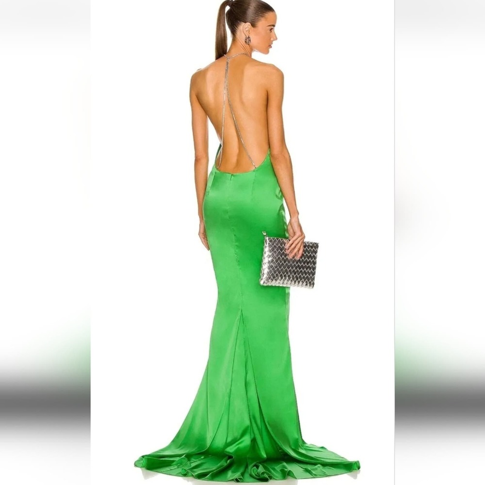 Retrofete Green Satin Backless Evening Gown